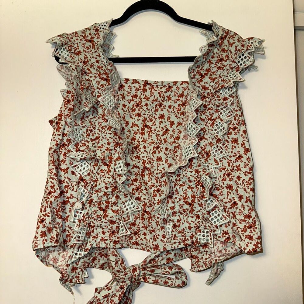 Anthropologie Cream Top with Rust Floral Print and Lace Ruffles